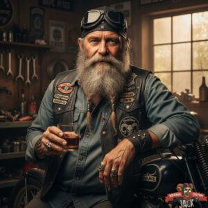 Portrait de Jack, le biker barbu d'Original Custom Jack avec son verre de whisky.