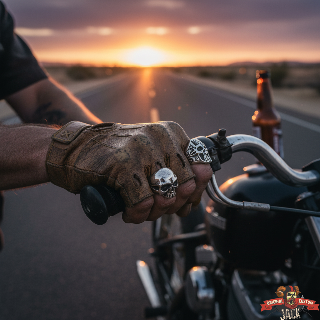 mitaines cuir biker et larges bagues