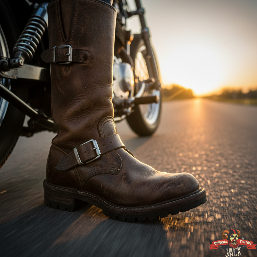 bottes cuir marron usée, style biker custom passion